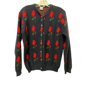 Vintage Bayer Red Flowers Navy Cardigan Floral Italian Sweater Textilfaser Dralo